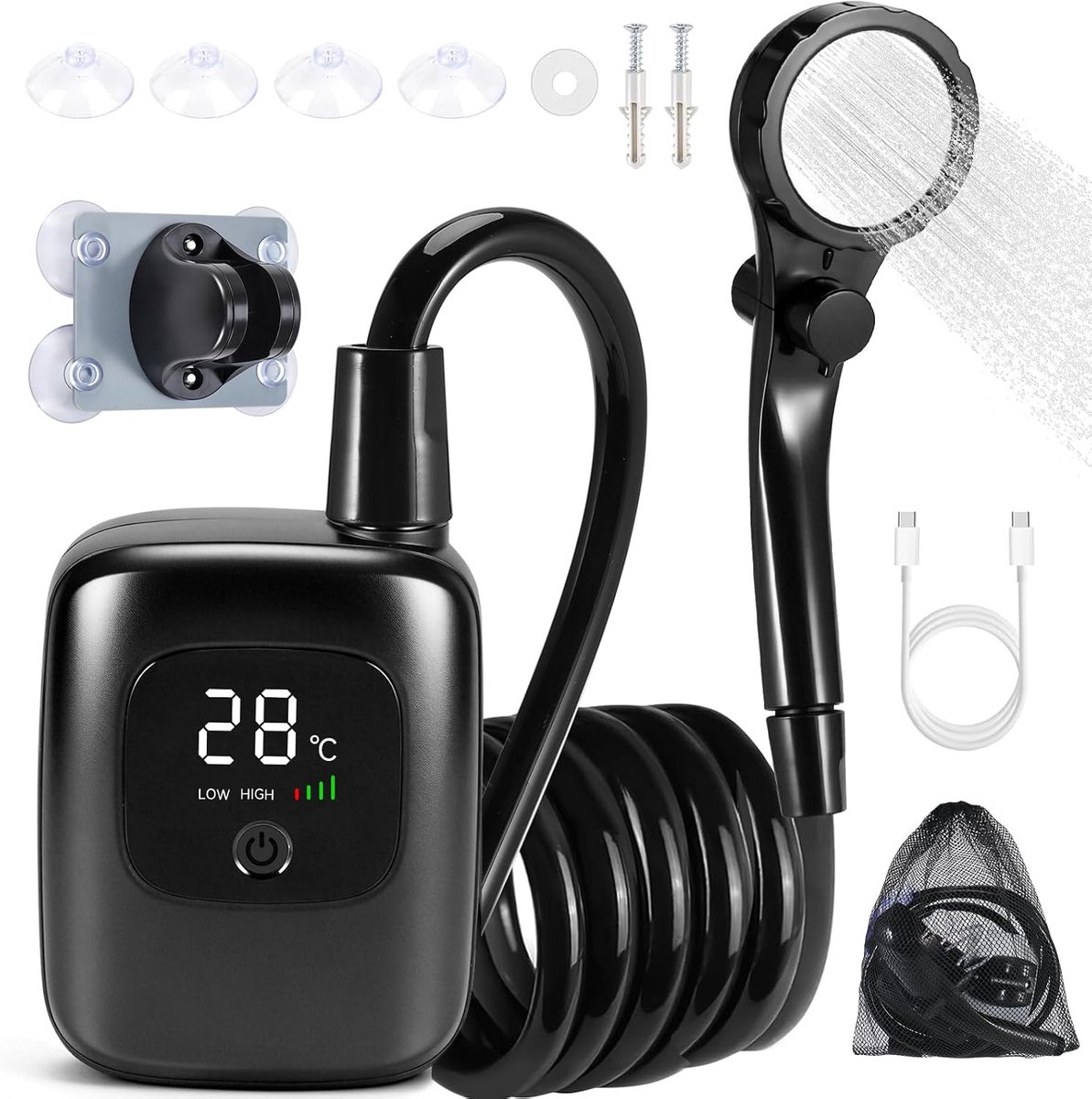 Draagbare campingdouche - Draagbare kampeerdouche - Camping Douche - Buitendouche -Oplaadbare douche 2400 mAh - Met led display accuniveau en watertemperatuur - Inclusief draagtas - Voor honden auto en camper