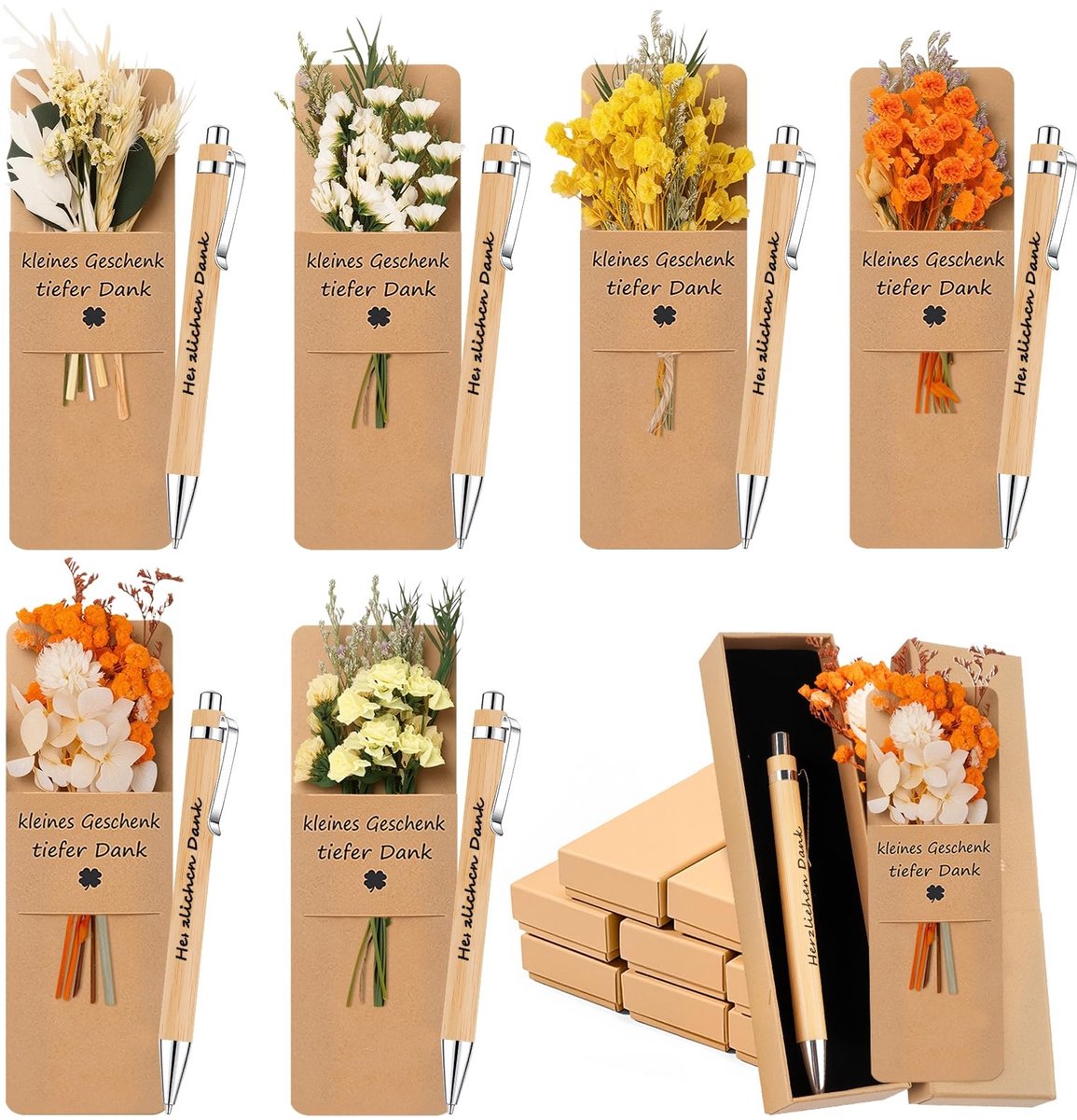 Dailygoods- Balpen Houten Set - Droogbloemenboekje - 6 Stuks - Schrijfgerief - Uniek Cadeau - Duurzaam Materiaal - Schrijfgerei