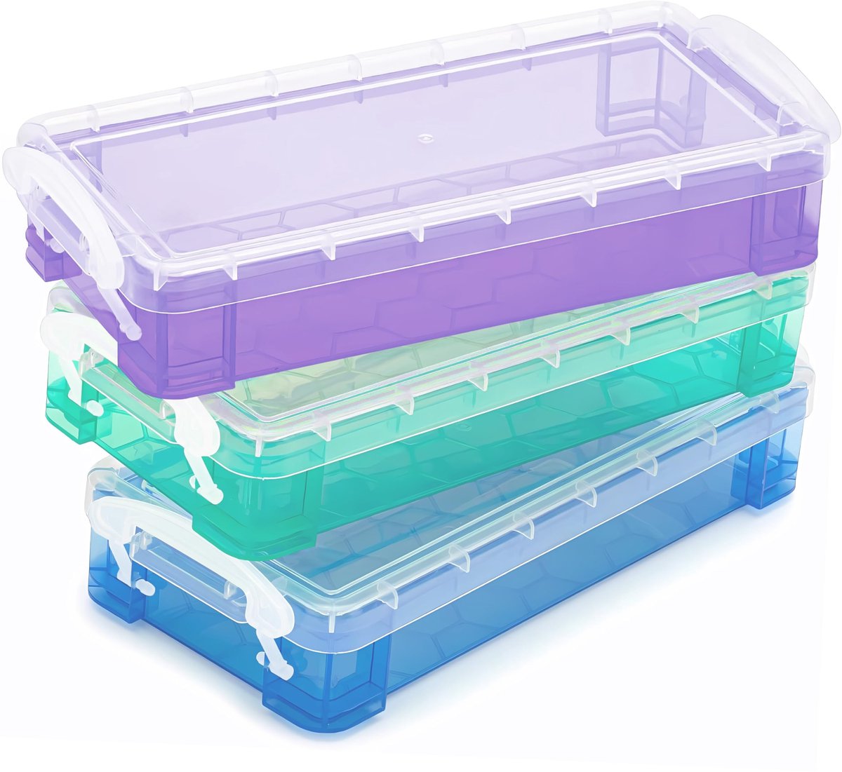 SnelShoppen - Set van 3 Stapelbare Potlooddozen met Klikdicht Deksel - Doorzichtige Plastic Etui voor Kantoorbenodigdheden, Creatief Knutselen en Orga