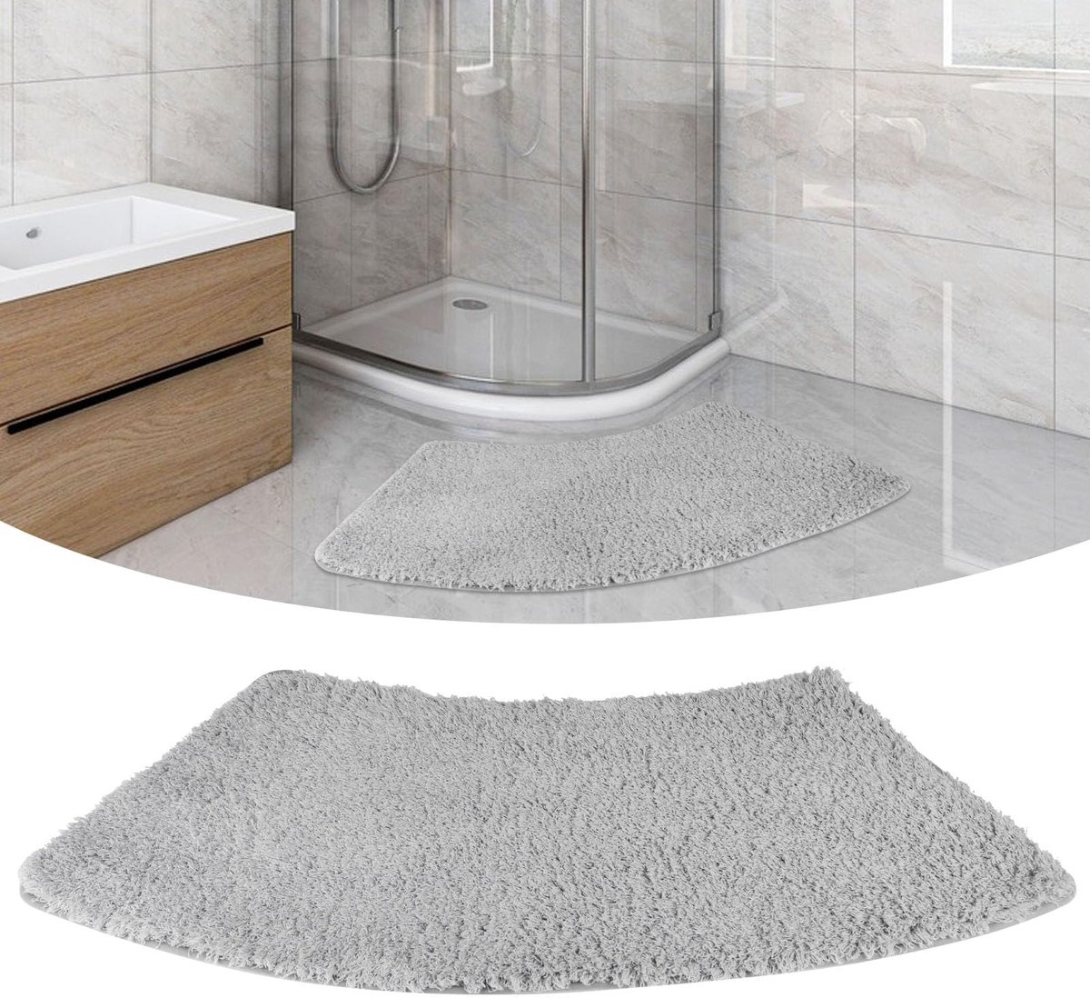 Dailygoods - Antislip Waaiervormige Badmat - Shaggy Hoekdouchemat voor Badkamer (Grijs)
