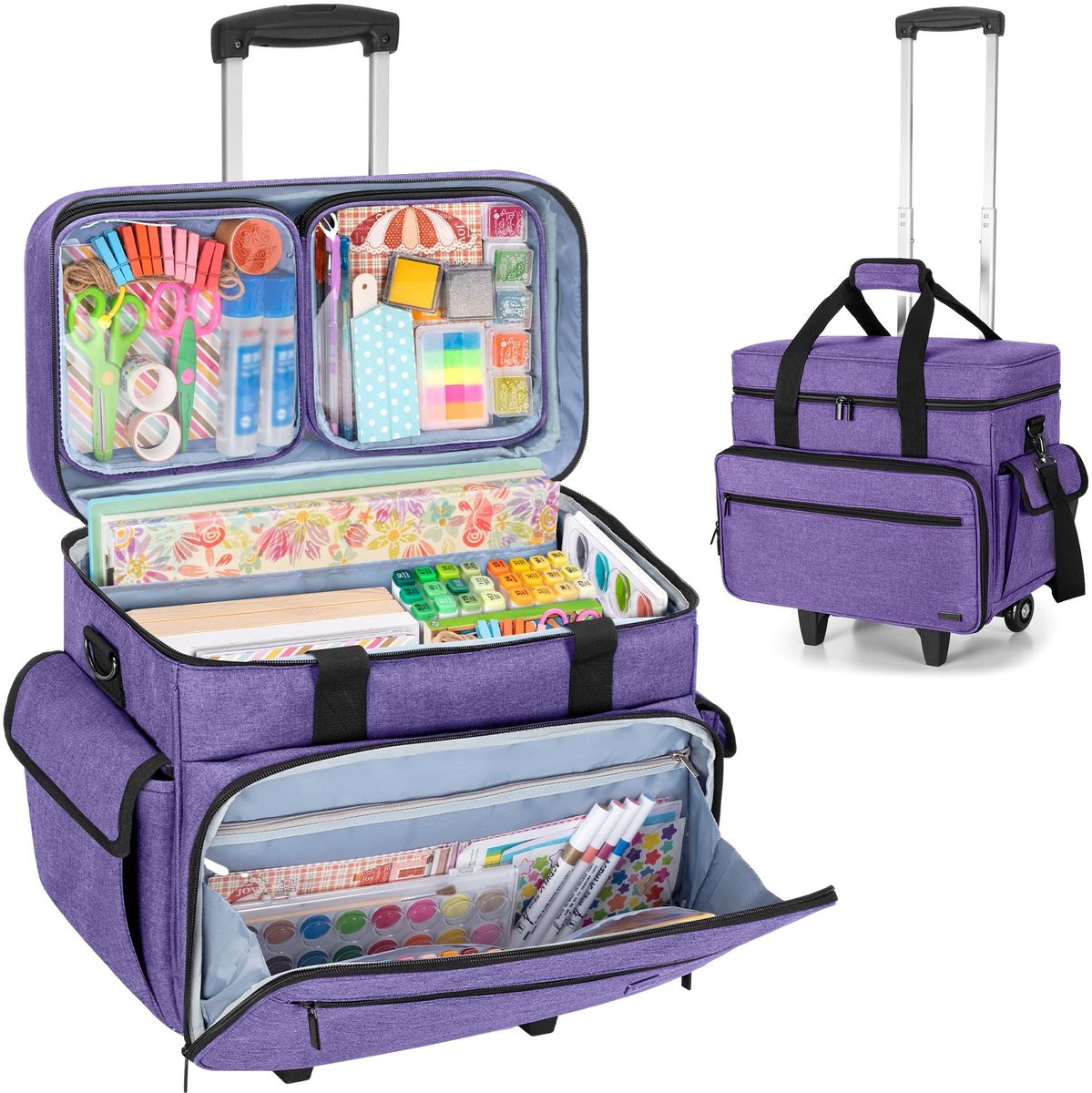 Dailygoods- Scrapbook Tas met Wielen - Knutselopbergtas - Kunstbenodigdheden Organizer - Houten Bodem - Verstelbare Schouderriem - Zwaar Belastbaar Nylon - Knutseltas