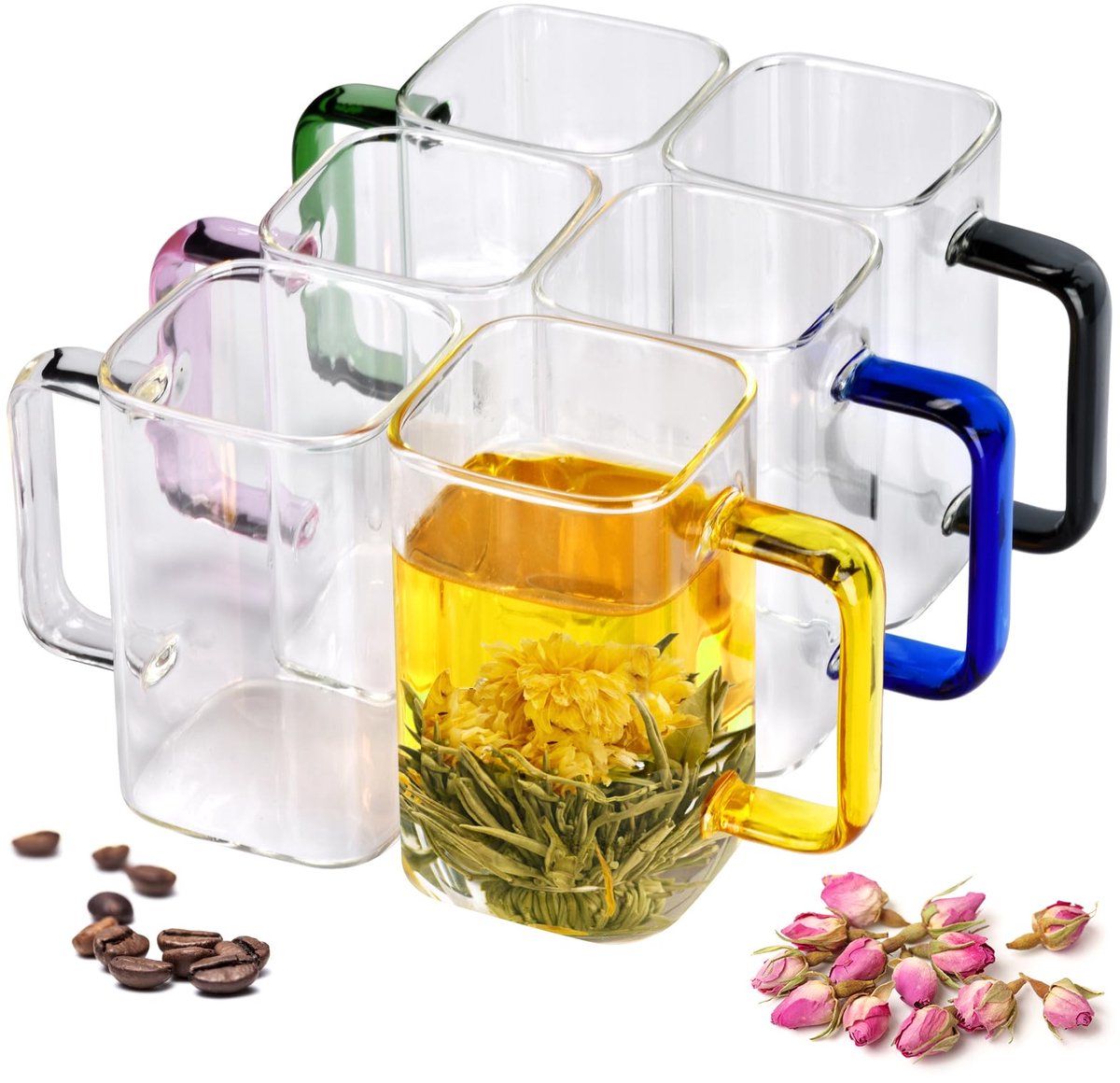 Dailygoods- Kopjes Set van 6 - 300 ml - Vierkante Glazen - Handgemaakt Borosilicaatglas - Geschikt voor Warm/Koud - Comfortabele Handgreep - Glazen Bekers