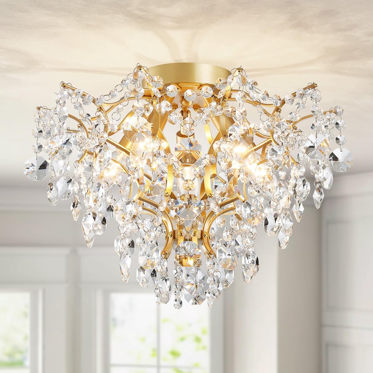 Dailygoods- Kroonluchter Modern Design - 5-Lichts - Glinsterende Kristallen - E14 Basis - 30,5 cm Hoog - Eenvoudige Installatie - Plafondlamp