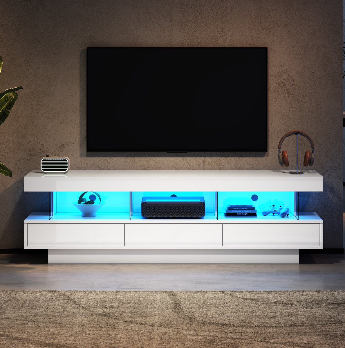 COVREO TV meubel 160 x 38 x 50,5 cm - wit hoogglans, 3 glasvakken, LED verlichting