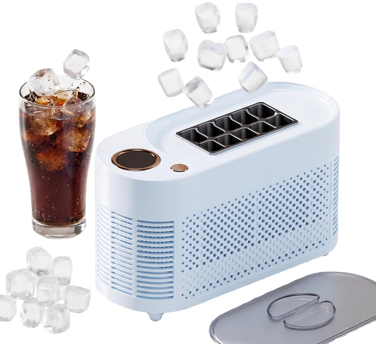 Draagbare ijsblokjesmachine, 12V DC mini-ijsblokjesmachine voor in de auto, maakt 10 ijsblokjes in 15-20 minuten, met aansluiting voor sigarettenaansteker voor reizen en kamperen (blauw)