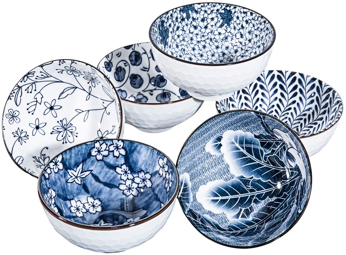 Dailygoods - Japanse Keramische Rijstkommen Set van 6 - Magnetron Veilig