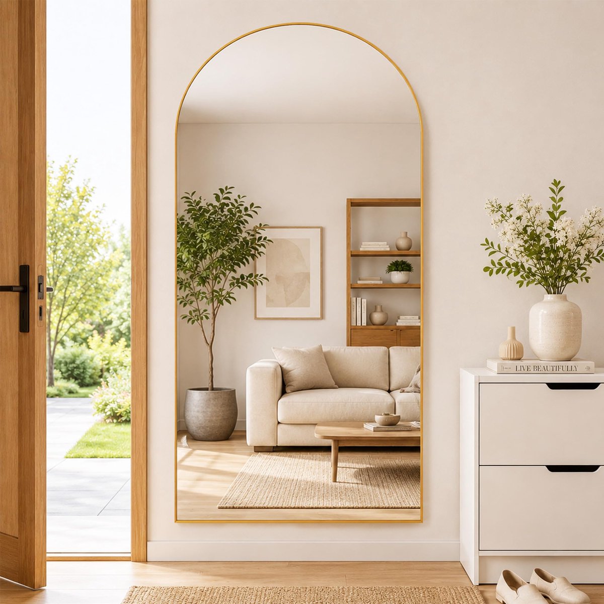 SnelShoppen - Boogstaande Spiegel 180 x 80 cm - Gebogen Full-Body Vloerspiegel met Goudkleurig Metaal Frame - Perfect voor Kledingkamer, Woonkamer en