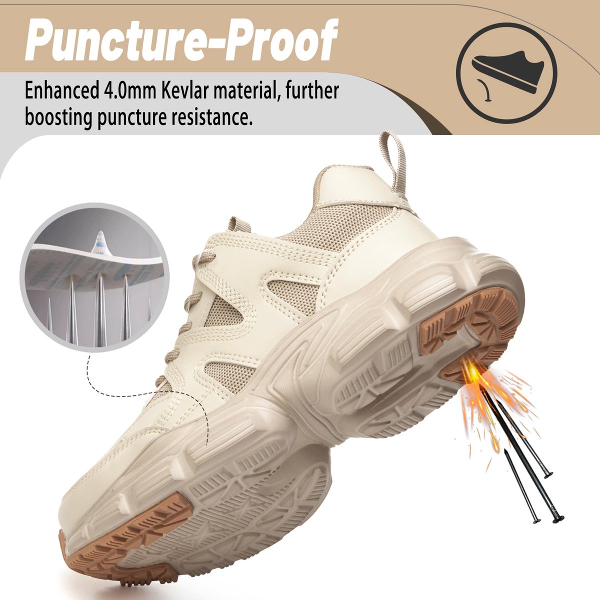 SnelShoppen - KOIFISH Veiligheidsschoenen Dames Werkschoenen Licht Ademend Stalen Neus Antislip Sneakers Beige Maat 39 Sportief en Comfortabel voor We