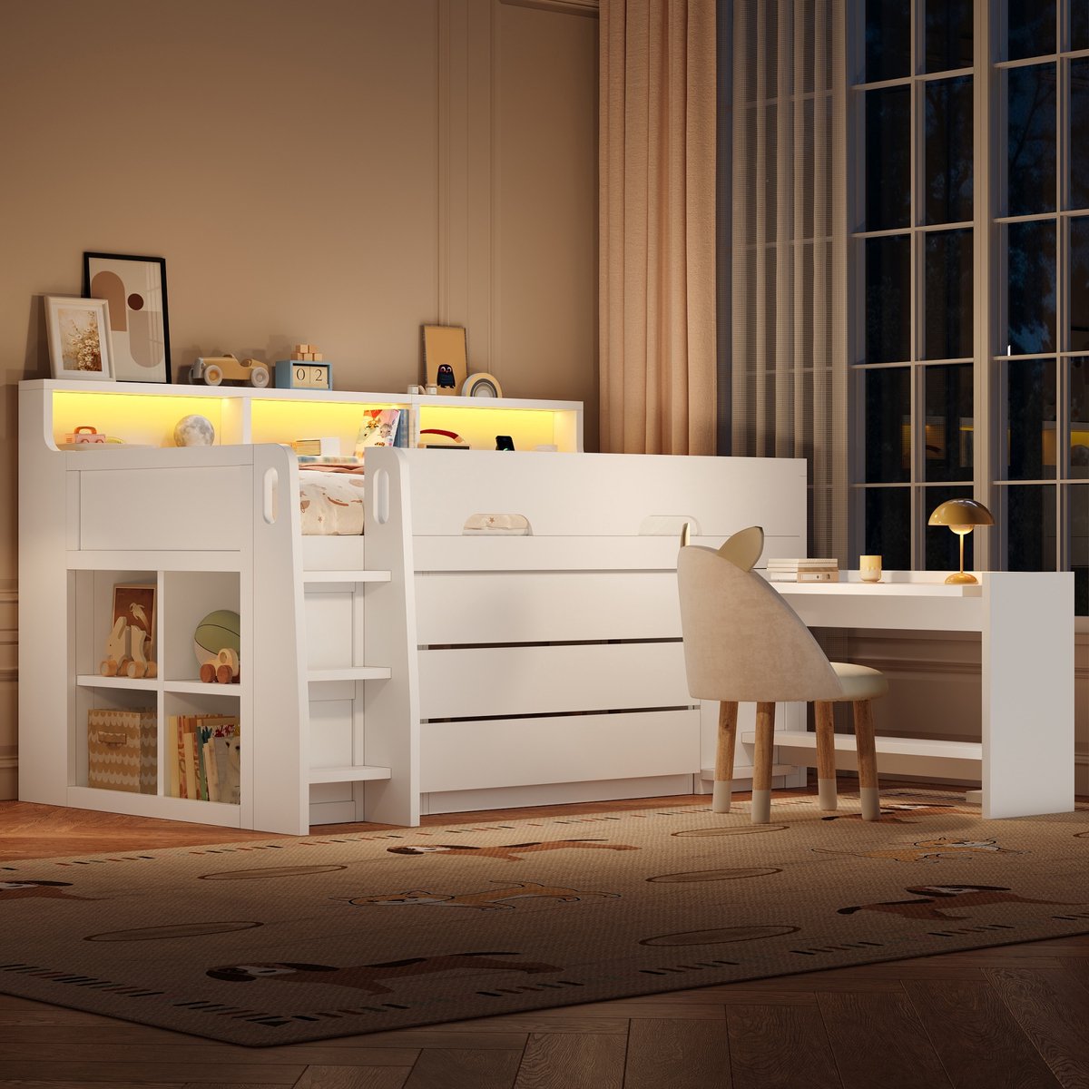 Halfhoogslaper 90x200 cm - Met Bureau, 3 Laden, LED En Opbergruimte - Wit
