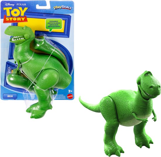 Groene Rex actiefiguur van Toy Story in verpakking en los, met twee poseerbare houdingen.