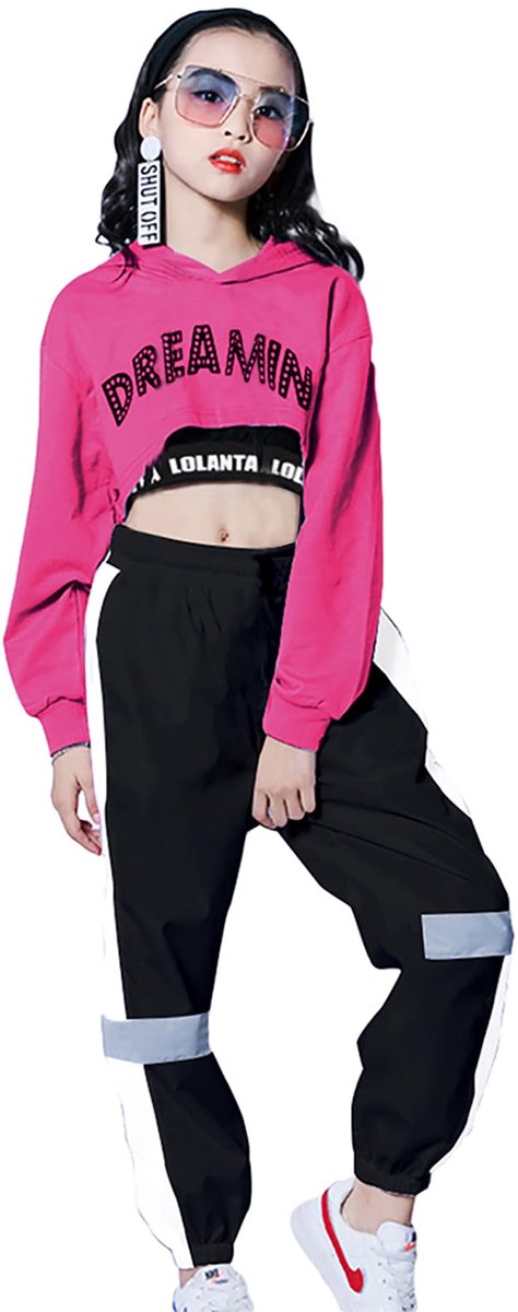 SnelShoppen - 3-delige set meisjes hip hop danskleding, streetdance kleding voor kinderen, hoodie, tanktop, joggingbroek, roze maat 140, trendy en com