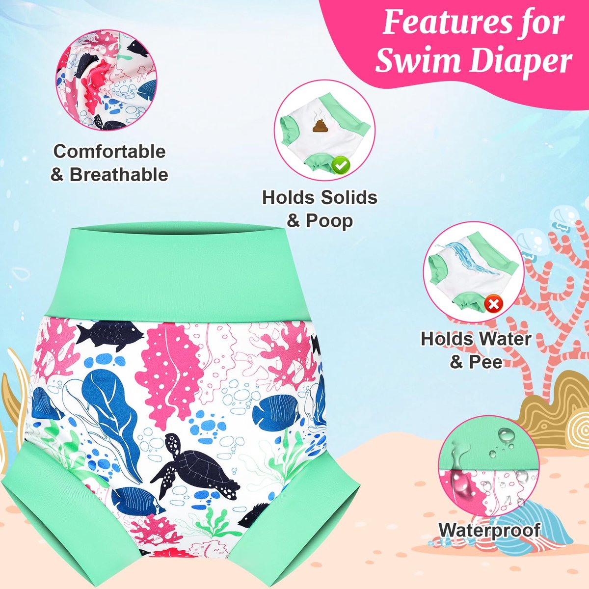 SnelShoppen - Herbruikbare zwemluier voor baby's - Vis, zeewier & zeester - Ideaal voor zwembad en strand - Maat 3 jaar - Duurzaam en comfortabel