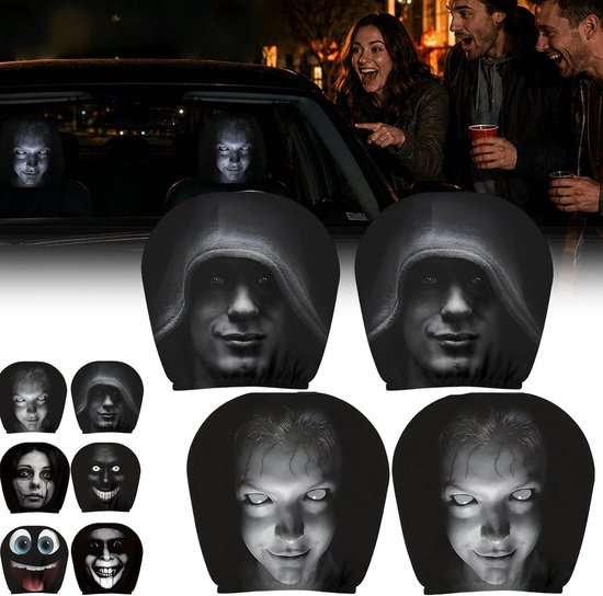 Horror hoofdsteunhoezen auto - 4 stuks - Universele Hoofdsteunhoes Auto - hoofdsteunhoezen met spookgezicht - Eng geest print autostoel hoofdsteun hoezen
