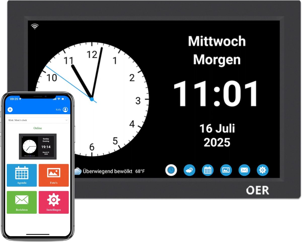 SnelShoppen - OER Smart Demenklok - Digitale Klok met App Beheer, Tijdsweergave, Aangepaste Alarmen, Berichten en Foto's - Zwart - Ideaal voor Ouderen