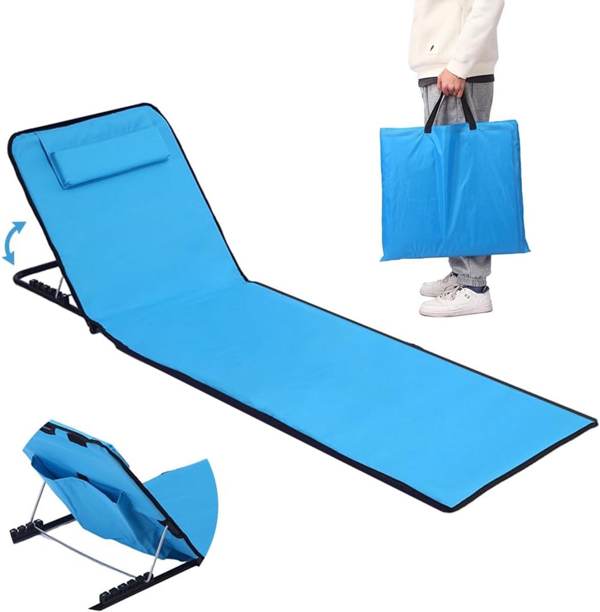 SnelShoppen - Opvouwbare Strandmat met Verstelbare Rugleuning - Draagbare Strandrugleuning met Tas - Perfect voor Strand, Camping, Tuin - Blauw