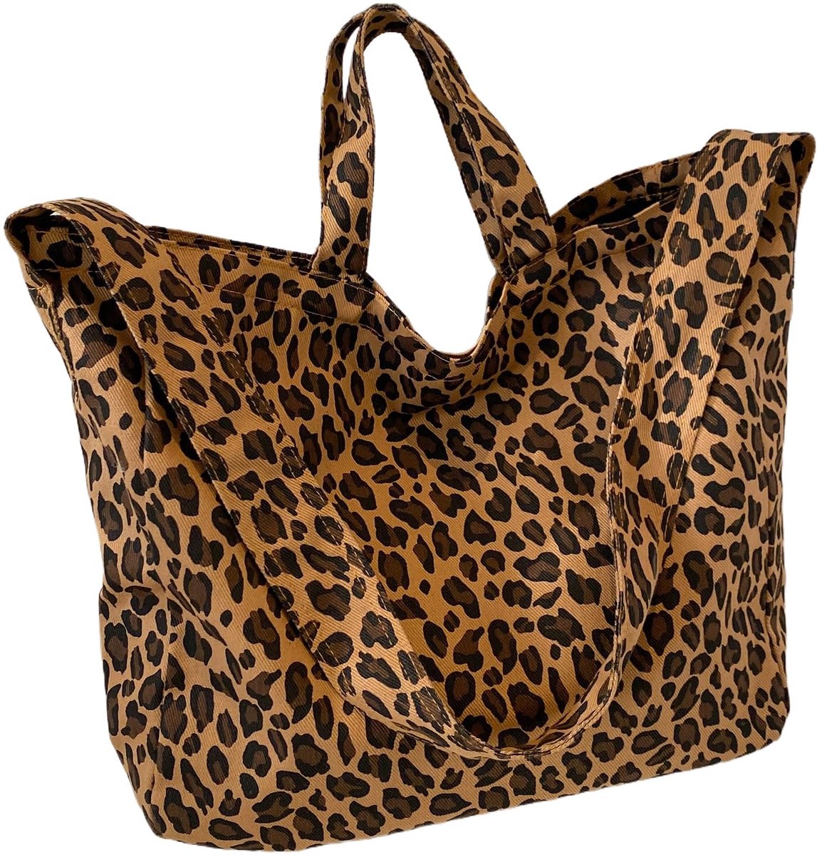SnelShoppen - Canvas Schoudertas Dames Luipaardpatroon, Grote Shopper met Ritssluiting, Crossbody Tas voor Feestjes, Vakantie en Pendelen