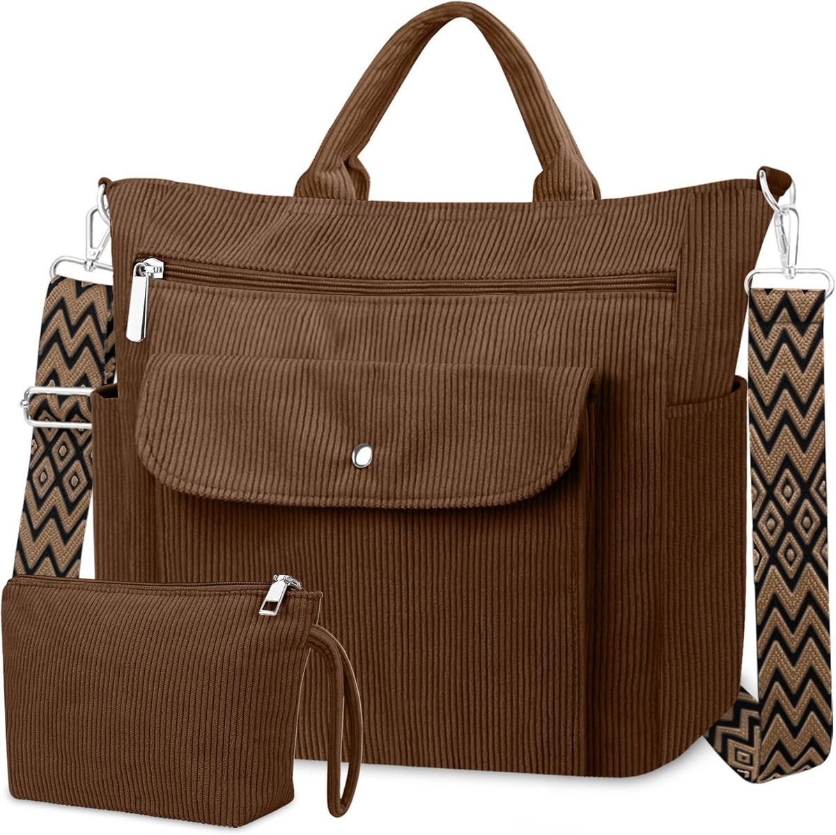 SnelShoppen - BTNEEU Corduroy Tas voor Dames, Grote Shopper, Tote Bag, Strandtas met Ritssluiting, Schoudertas, Laptoptas, Handtas voor Werk, School,