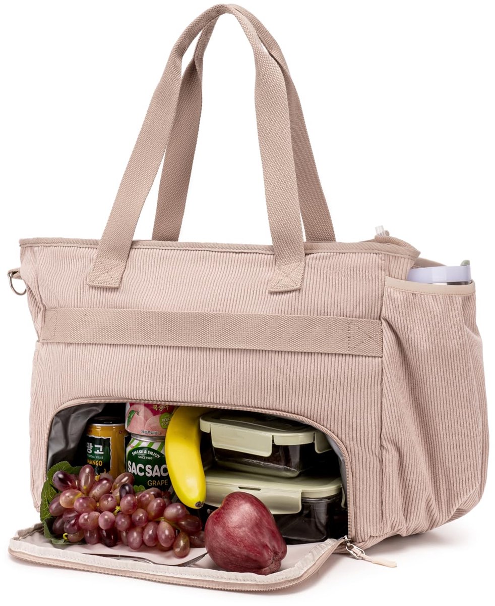 SnelShoppen - Werktas Voor Dames met Geïsoleerd Lunchvak, 12 Vakken, Grote Corduroy Shopper, 15,6 inch Laptoptas voor Werk, School en Reizen in Kaki