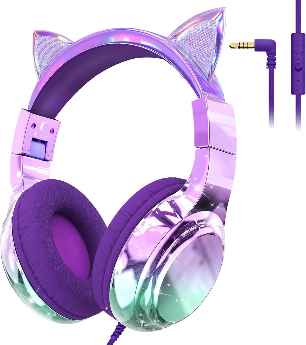 SnelShoppen - JYPS Kinderhoofdtelefoon - Metallic Kat Paars - 85/94dB Volume Beperkt - Stereogeluid - Opvouwbare 3,5 mm Bedrade Over-Ear Hoofdtelefoon