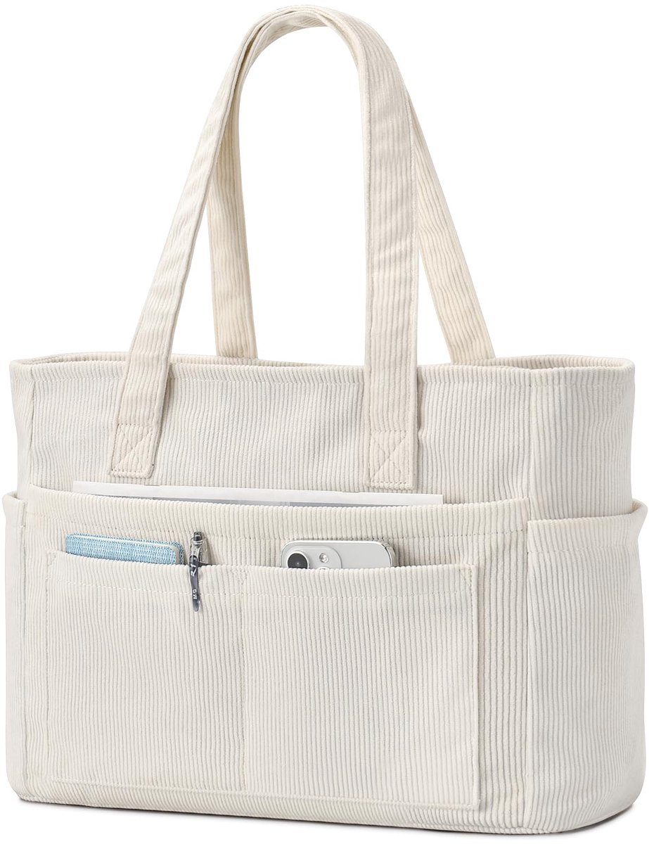 SnelShoppen - Oscaurt Corduroy Tas Dames, 13 Vakken, Grote Handtas, Shopper, Laptopvak, Ritssluiting, Opvouwbare Schoudertas, Tote Bag, Strandtas, Wit