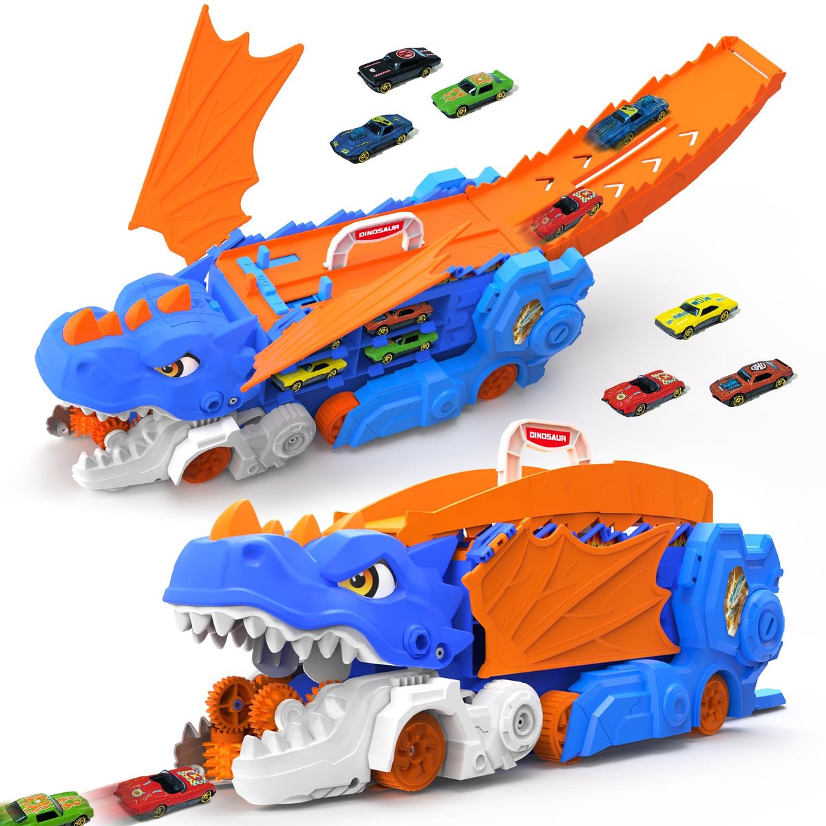SnelShoppen - Dinosaurus Vrachtwagen Speelgoedauto met Geluid, Opbergspeelgoed voor Peuters, Inclusief 6 Racewagens, Transportvoertuigen voor Jongens