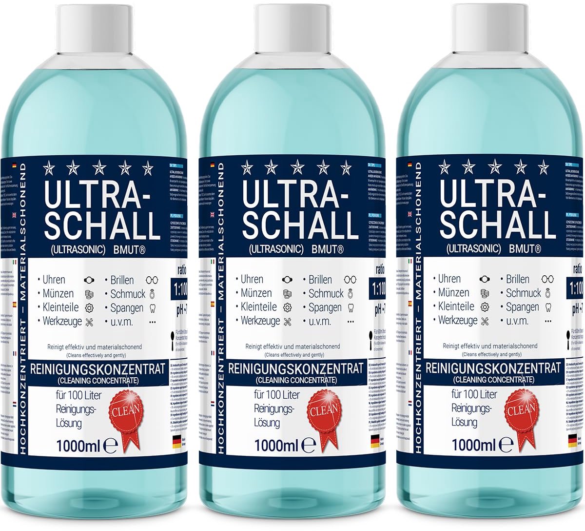 SnelShoppen - 3 x 1000 ml Ultrasoonreiniger Concentraat Vloeistof voor Brillen, Horloges, Sieraden, Kunstgebitten, en Meer - Ideaal voor Thuisgebruik