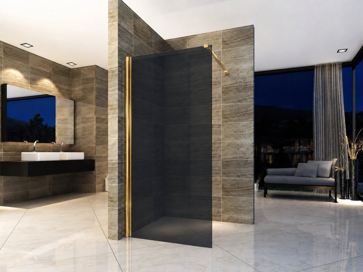 ILYA UMBRA Inloopdouche Douchewand 120x200 cm - Rookgrijs Veiligheidsglas 8 mm - Goud Profiel - Antikalk