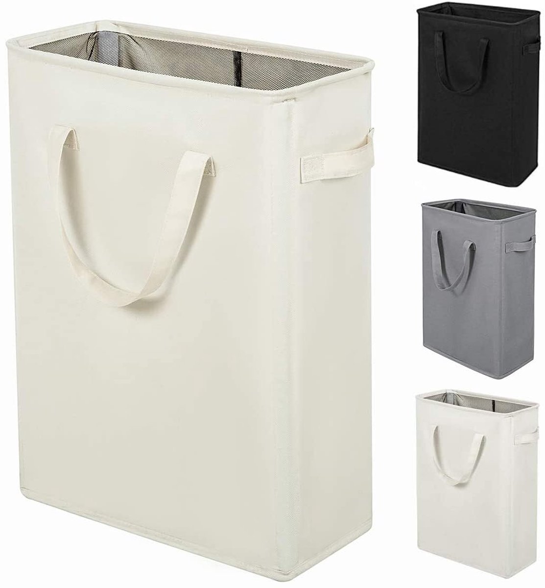 SnelShoppen - Smalle Opvouwbare Wasmand 45L met Handgrepen - Beige, Perfect voor Compacte Ruimtes, Slaapkamers en Studentenhuizen