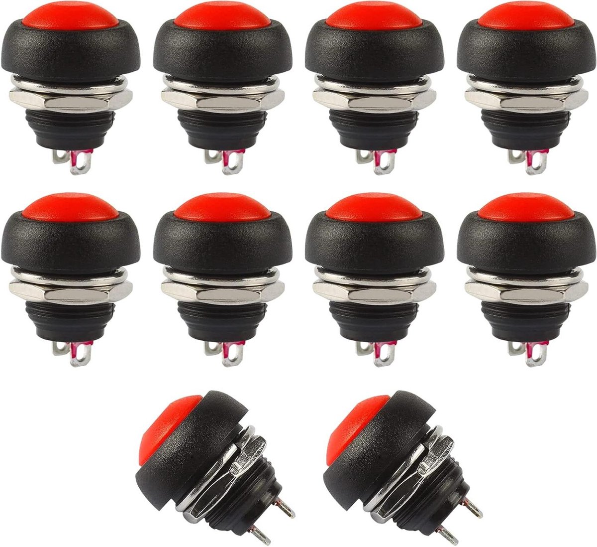 Drukknopschakelaars - Momentary schakelaars - Elektrische apparaten - Normaal open contact - 12 mm montagegat - Rood