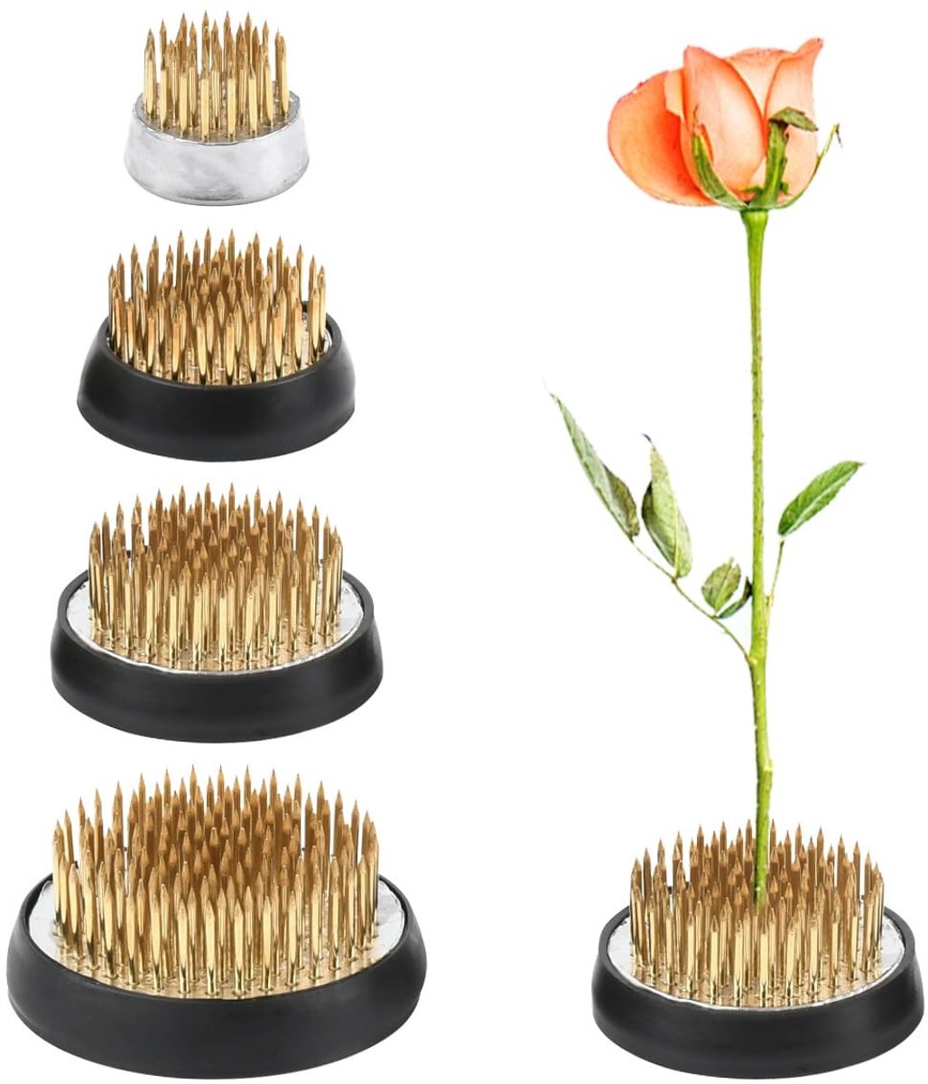 Dailygoods- Bloemenkikker 4 Stuks - Ronde Bloemenhouders - Kenzan Steekegels - Robuust Roestvrij Staal - Antislip Rubber - Voor Bloemstukken - Bloemenhouder