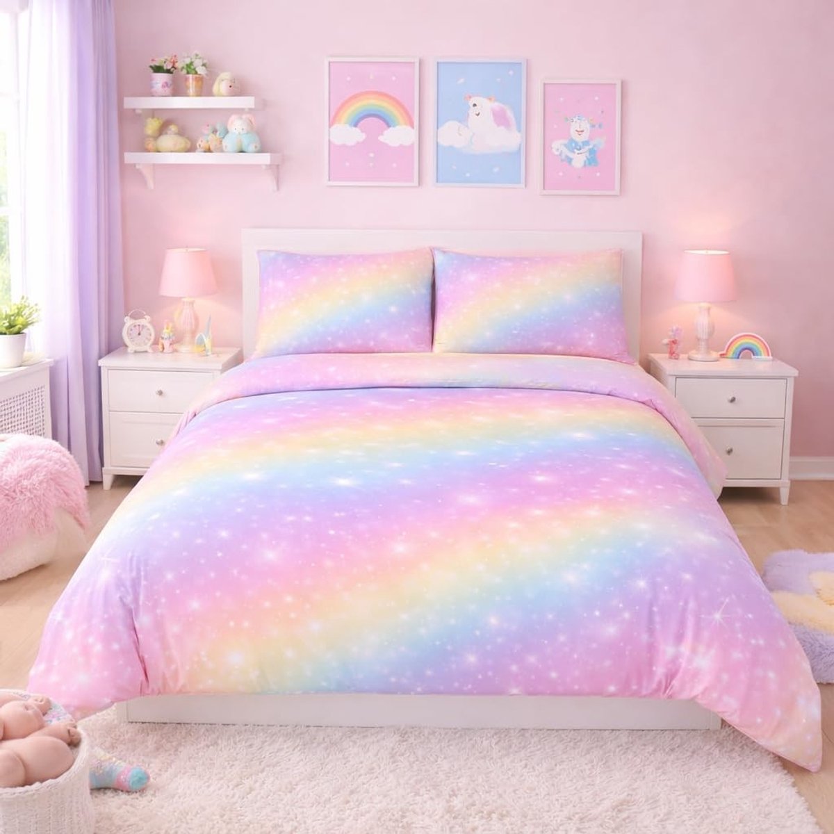 Dailygoods - Rainbow Galaxy Dekbedovertrek 135 x 200 cm voor Meisjes met 2 Kussenslopen 80 x 80 cm