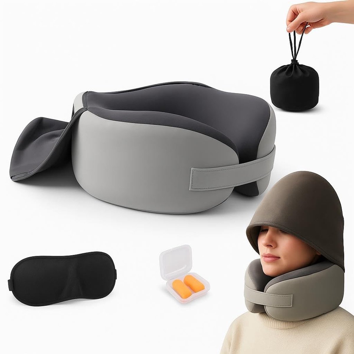 Dailygoods - Nek Kussen met Kap - 100% Memory Foam voor Volledige Ondersteuning tijdens Reizen