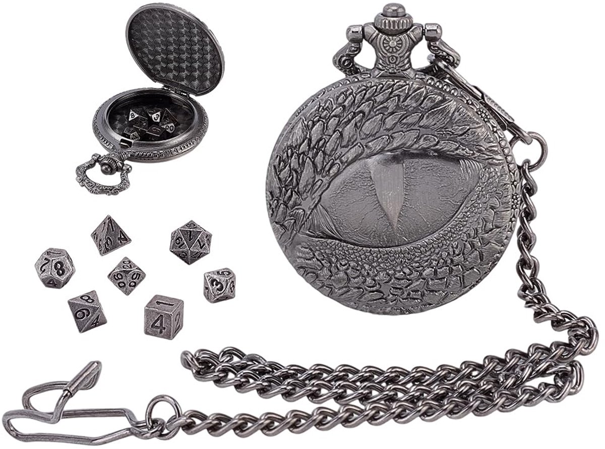 Dailygoods - Dobbelstenen Set met Zakhorloge Ketting - 7 Stuks Mini Metalen Dobbelstenen