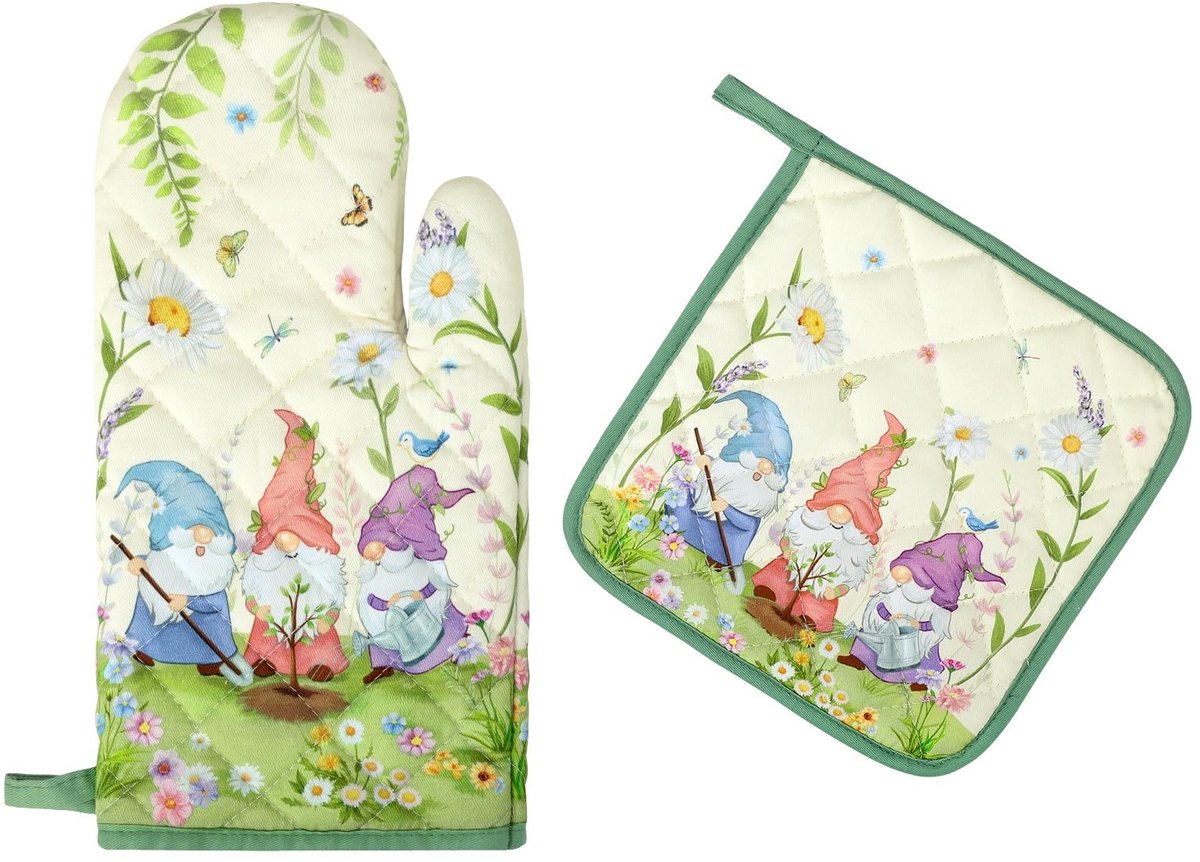Dailygoods - Bloemen Gnome Ovenhandschoenen Set - 100% Katoen Hittebestendige Kookhandschoenen voor Keuken