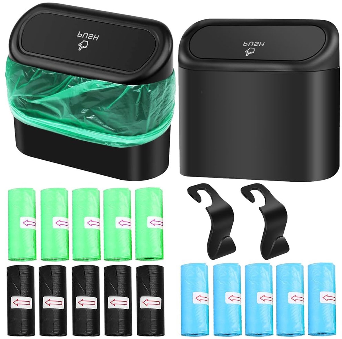 Dailygoods - Auto Vuilnisbak Set - 2 Stuks met Deksel en 225 Afvalzakken