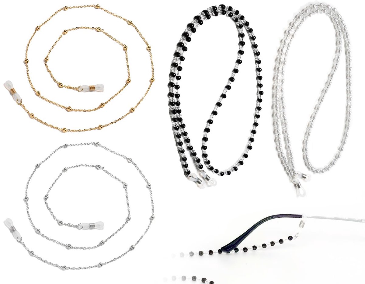 Dailygoods - Brillenkettingen - Kleurrijk brillenkoord - Stijlvolle accessoires - Zwart Wit Goud Zilver - Voor dames - Set van 4