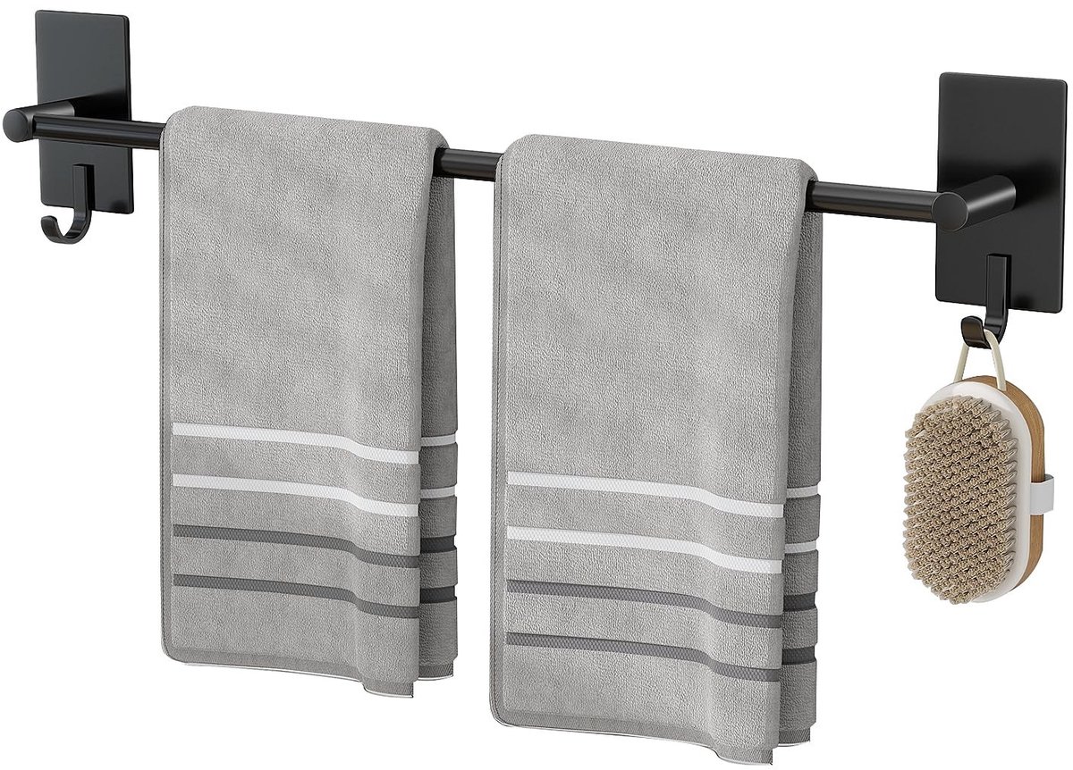 Dailygoods - Handdoekenrek Muurbevestiging - Mat Zwart met 2 Haken 60CM