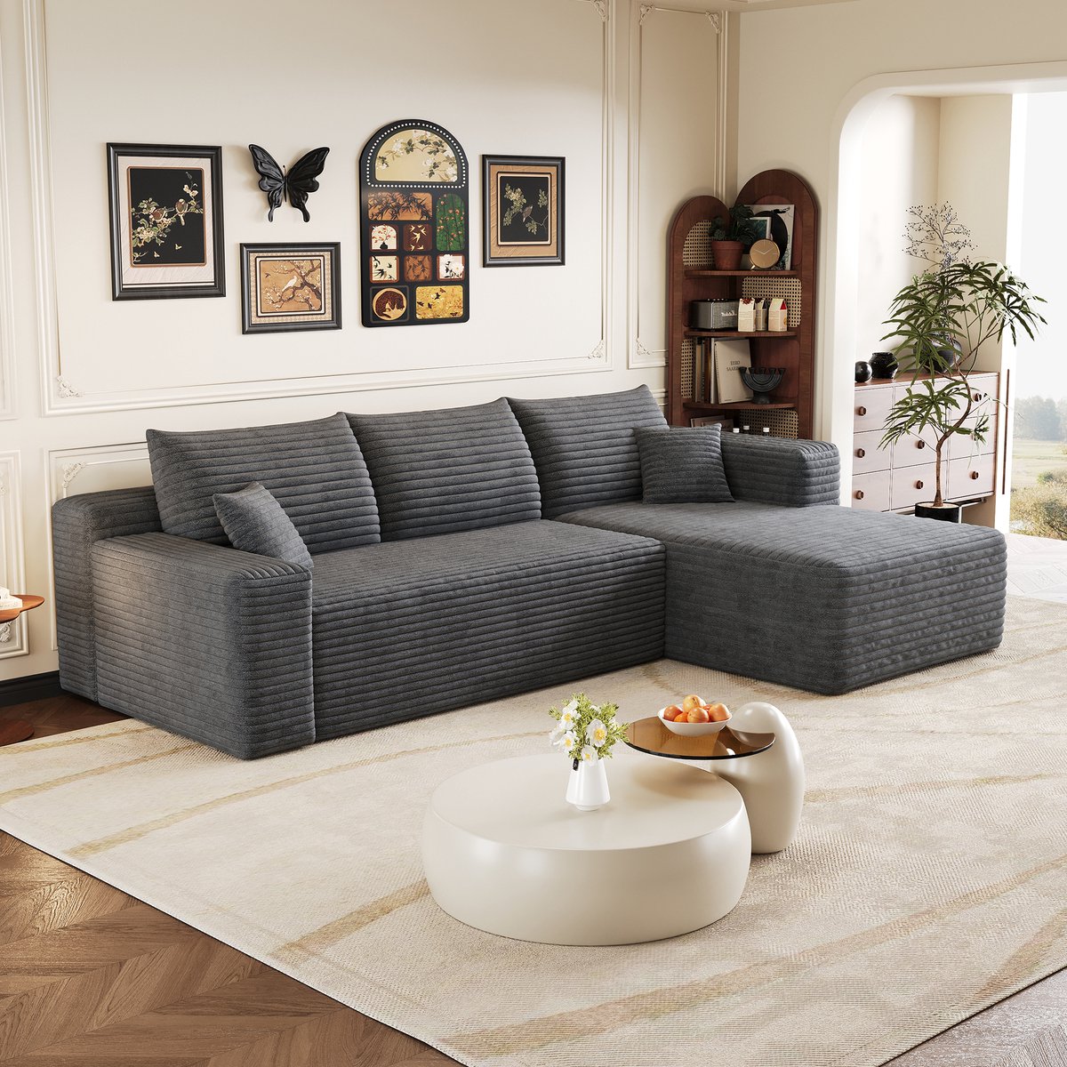 STILVORA Hoekbank 241 Cm - Zonder Montage Met Chaise Longue En Diepe Zitting - Voor Woonkamer En Appartement - Corduroy Donkergrijs