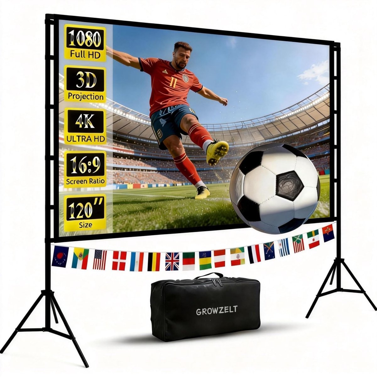 SnelShoppen - Projectiescherm 120 inch met Standaard, Dubbele Steunen voor Stabiliteit, Draagbaar en Kreukbestendig, Ideaal voor Buiten, Tuin, Feesten