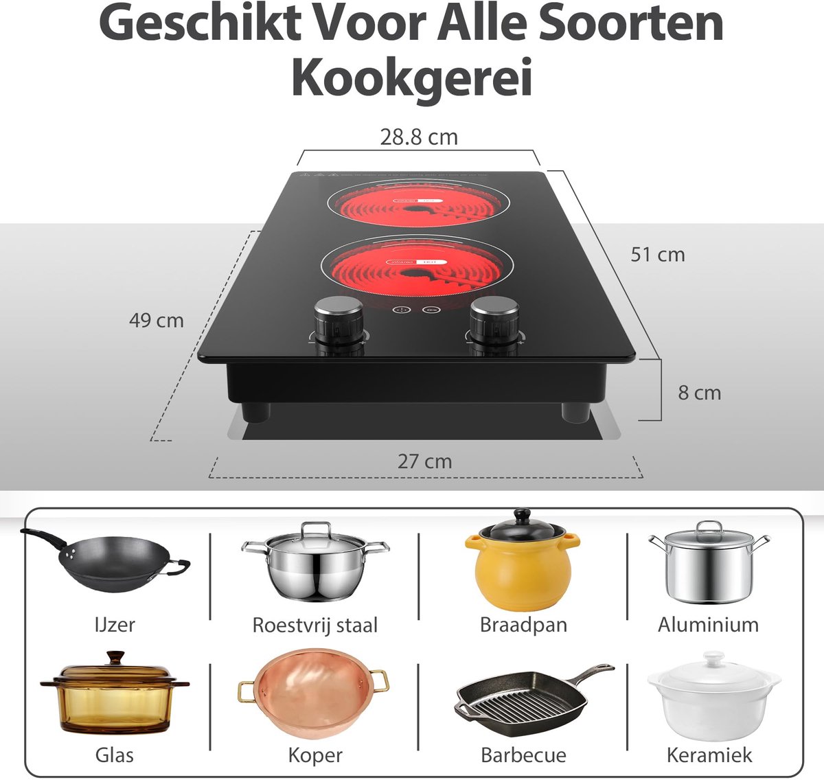 SnelShoppen - VBGK Dubbele Keramische Kookplaat 3000W Elektrische Kookplaat met Stekker, 2 Zones, Draaiknop + Touchbediening, Veiligheidsslot & Timer,