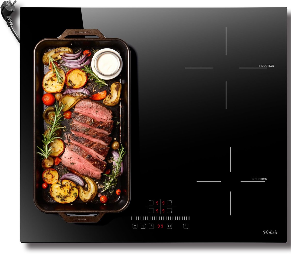 SnelShoppen - 4-pits inductiekookplaat met stekker, 60cm, 3500W, Flex Zone, kinderslot, Touch Slide bediening voor keuken, koken en bakken