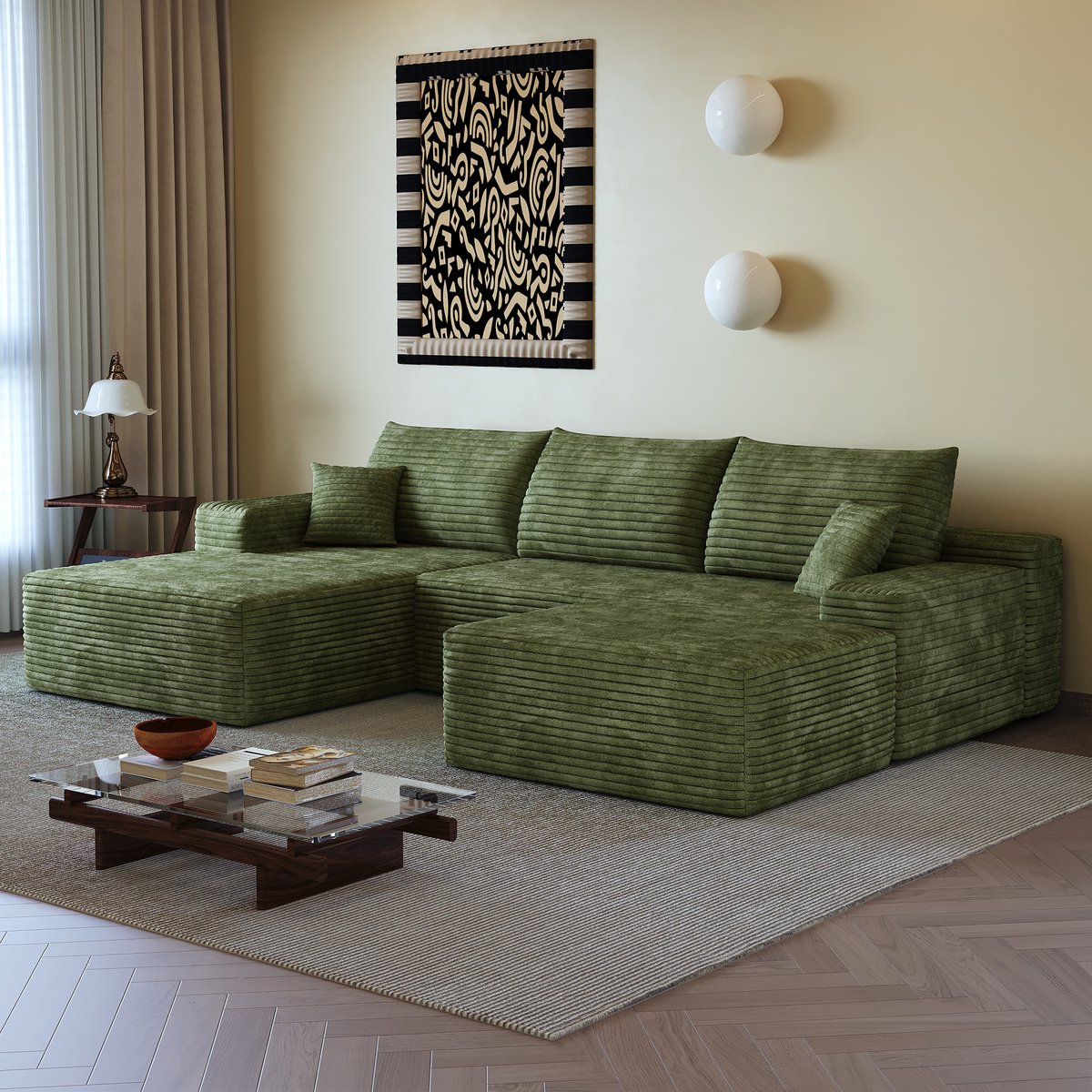 Modulaire Hoekbank 270 Cm - L-Vormige Chaise Longue Zonder Montage - Diepe Zitting Voor Woonkamer, Slaapkamer En Appartement - Corduroy Groen