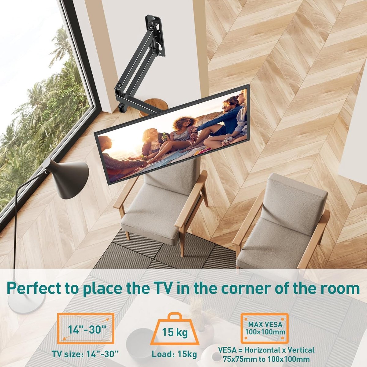 SnelShoppen - Draaibare en Kantelbare Monitor Muurbeugel voor 14-30 Inch Schermen tot 15 kg, Max VESA 100x100 mm, Geschikt voor LED, LCD, OLED TV's, W