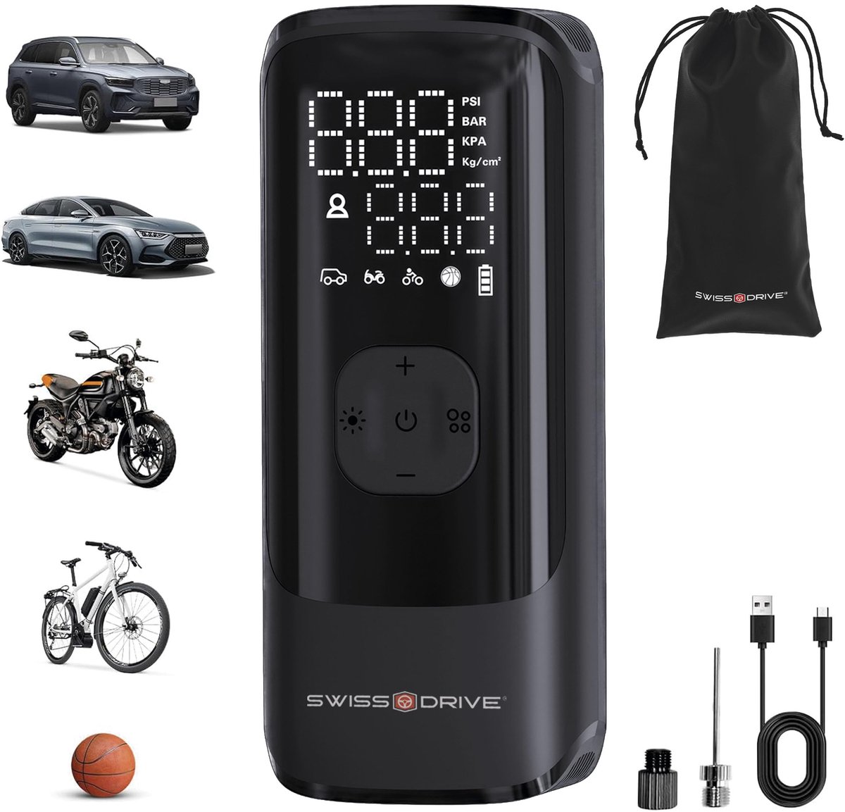 SnelShoppen - Draagbare Luchtcompressor 160 PSI - Snellere Bandenpomp 10,3 Bar - 7500 mAh - Digitaal LCD-Display met LED-Zaklamp - Oplaadbare USB Band