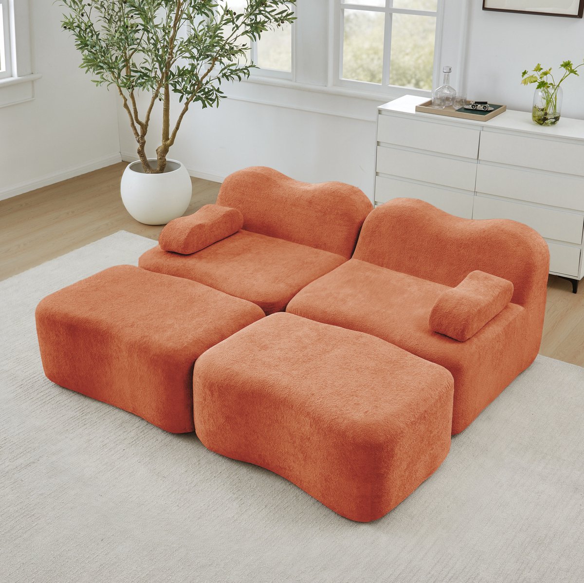 COVREO 2-zits modulaire bank 192x167x70 cm – oranje velvet, met 2 ottomans en armleuningkussen