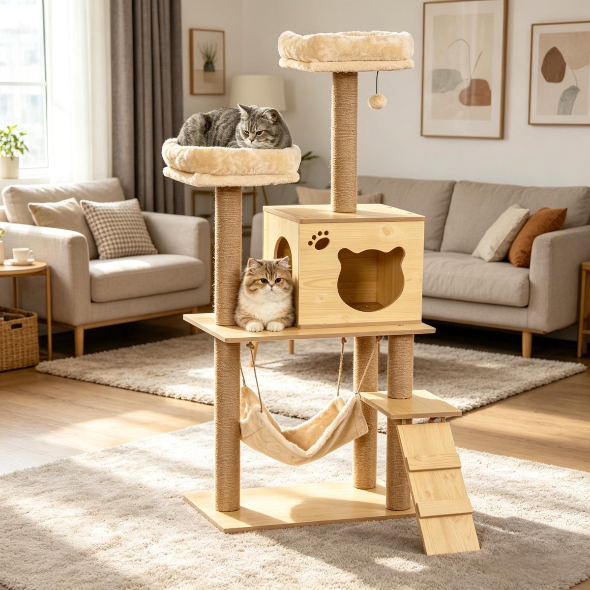 MIVRAY Krabpaal – Meerdere Niveaus Met Huisje En Hangmat – 60 x 40 x 130 cm – Hout, Pluche En Sisal – Beige Bruin – Katten Activiteitscentrum