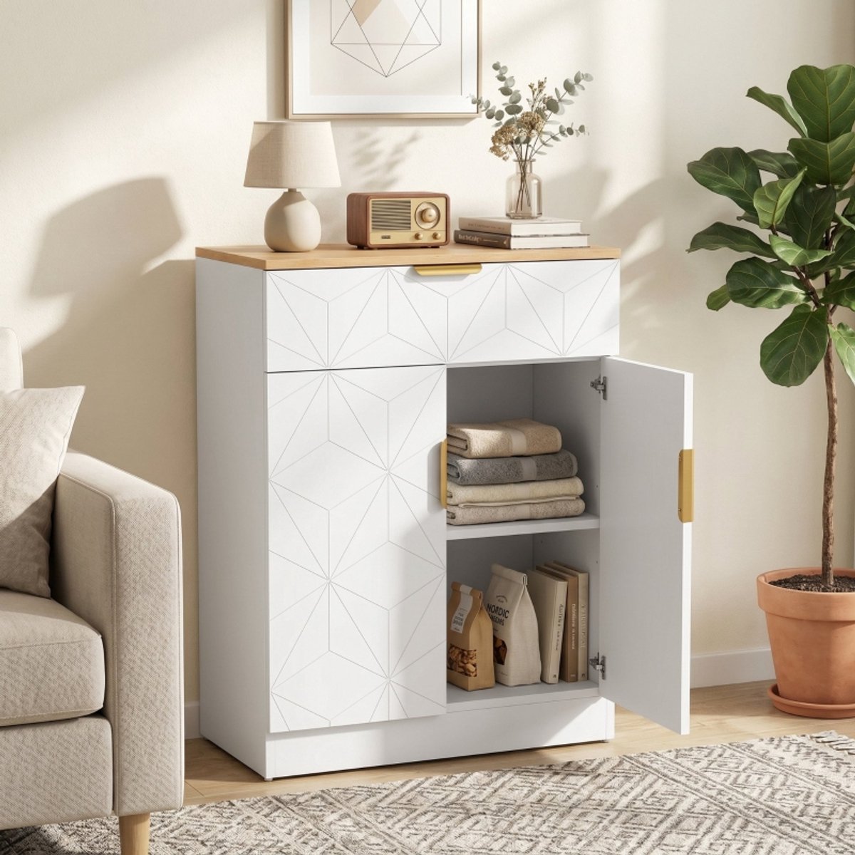 STILVORA Dressoir Met Lade En Verstelbare Planken Voor Woonkamer En Hal Wit Met Houtlook Bovenblad En 3D Deuren 60 X 32 X 82 Cm