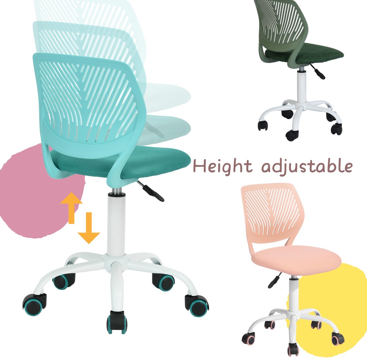 SnelShoppen - Kleurrijke bureaustoel voor kinderkamer en thuiskantoor, modern verstelbaar design, draaibare armloze computerstoel in groen, ergonomisc