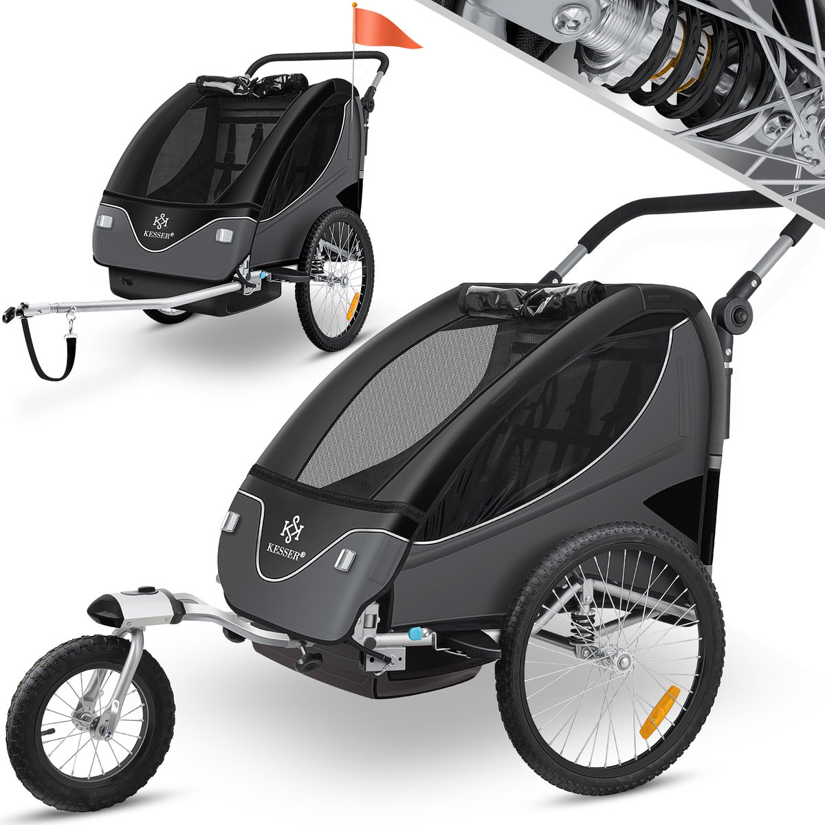 KESSER® Cruiser Kinderfietskar 360° draaibaar met vering 2in1 Jogger functie Kinderfietskar + 5-puntsgordel Jogger Fietskar voor 1 tot 2 kinderen max. 40kg - Zwart / Antraciet