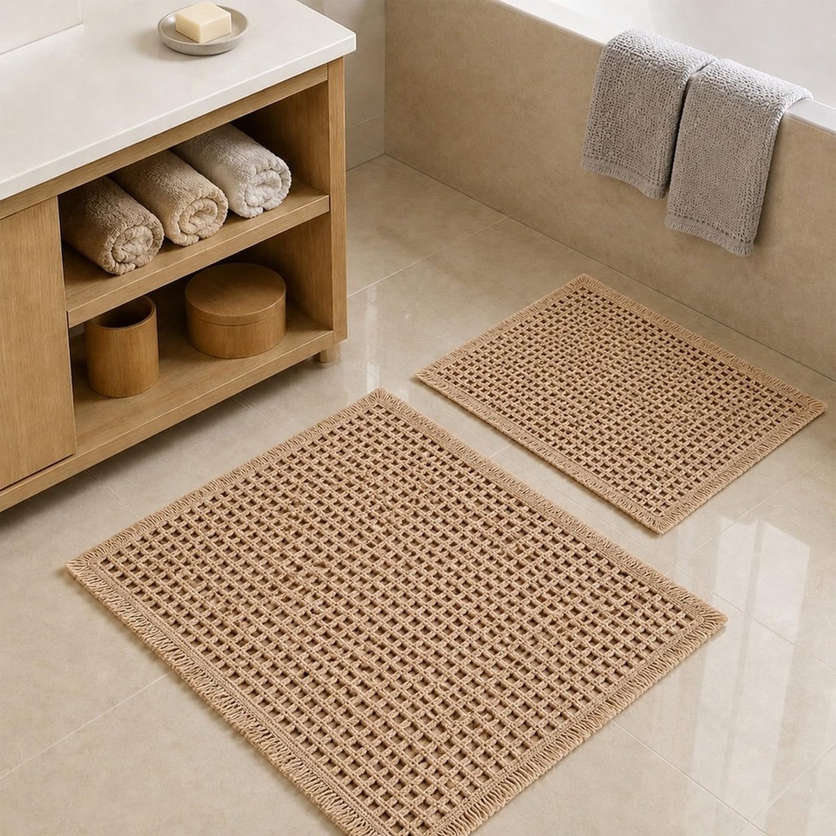 SnelShoppen - Badkamermattenset 2-delig Antislip Wasbaar Boho Stijl Badkamermat voor Badkamer, Woonkamer, Keuken, Slaapkamer 46 x 77 cm + 43 x 61 cm
